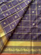 Semi Kanchi Silk Coffee Brown Checks Saree with Peacock & Rudraksh Buttas