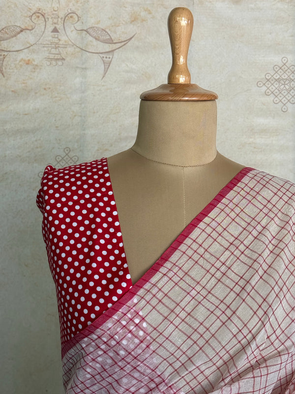 Nandita - Pink Checks Pure Cotton Saree with Floral Blouse