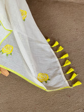 Mul Cotton Saree – Half White with Yellow Floral Embroidery & Contrast Border - Onam Edit