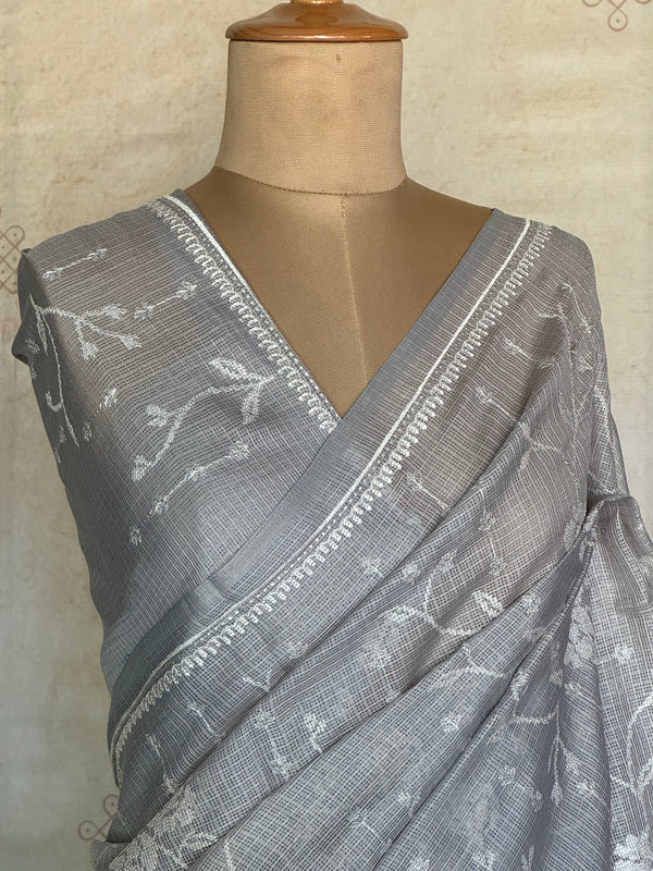 Kayal - Ash Embroidered Pure Kota Silk Saree