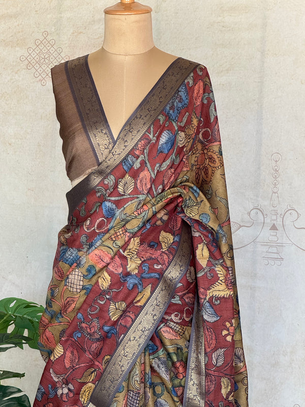 Gulmohar - Pen Kalamkari Tussar Silk Saree with Zari Border & Artistic Pallu