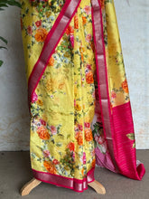 Digital Print Mangalgiri Silk Saree in Sunlit Yellow & Rani Pink
