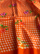 Pure Mangalgiri Silk Orange Gingham Checks Saree with Floral Digital Prints