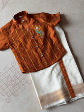 Velum Mayilum Hand-Embroidered Boys Temple Shirt & Dhoti Set — South Indian Traditional Ethnic Wear Onam Edit