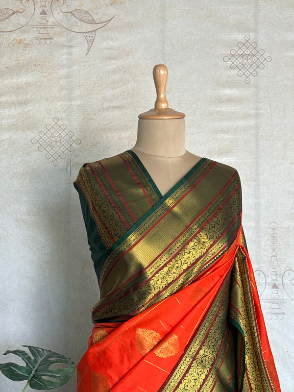 Semi Kanchi Silk Saree – Orange with Green & Gold Zari Border