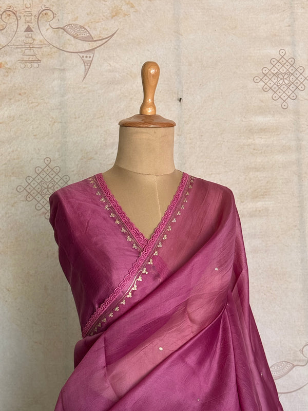 Tarini Pure Organza Saree – Rose Pink with Delicate Embroidered Border