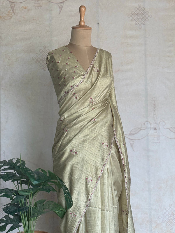 Sage Green Chanderi Saree with All-Over Hand Embroidery