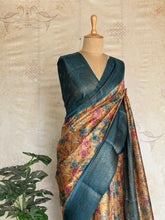 Chandini - Kalamkari Antique Zari Border Saree – Mustard Gold & Peacock Blue