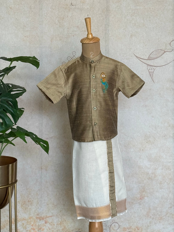 Velum Mayilum Hand-Embroidered Boys Temple Shirt & Dhoti Set — South Indian Traditional Ethnic Wear Vishu Edit
