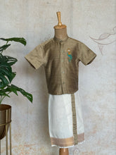 Velum Mayilum Hand-Embroidered Boys Temple Shirt & Dhoti Set — South Indian Traditional Ethnic Wear Onam Edit