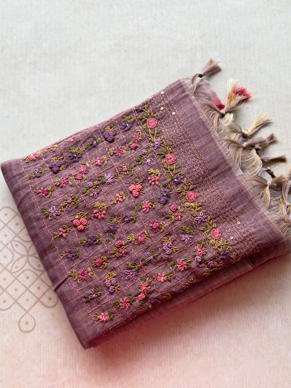 Ceya Linen Saree with Hand Floral Embroidery