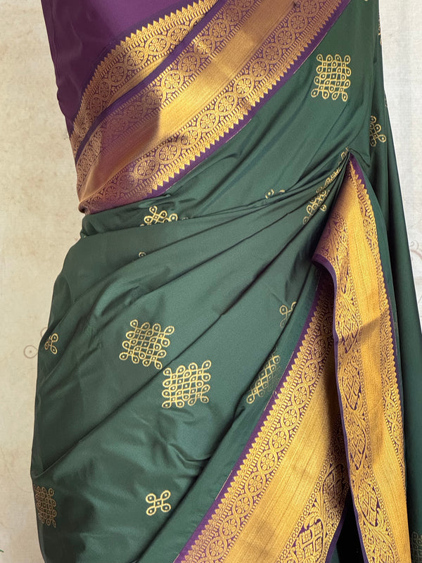 Forest Green Semi Kanchi Silk Saree with Kolam Buttas & Royal Purple Contrast Pallu