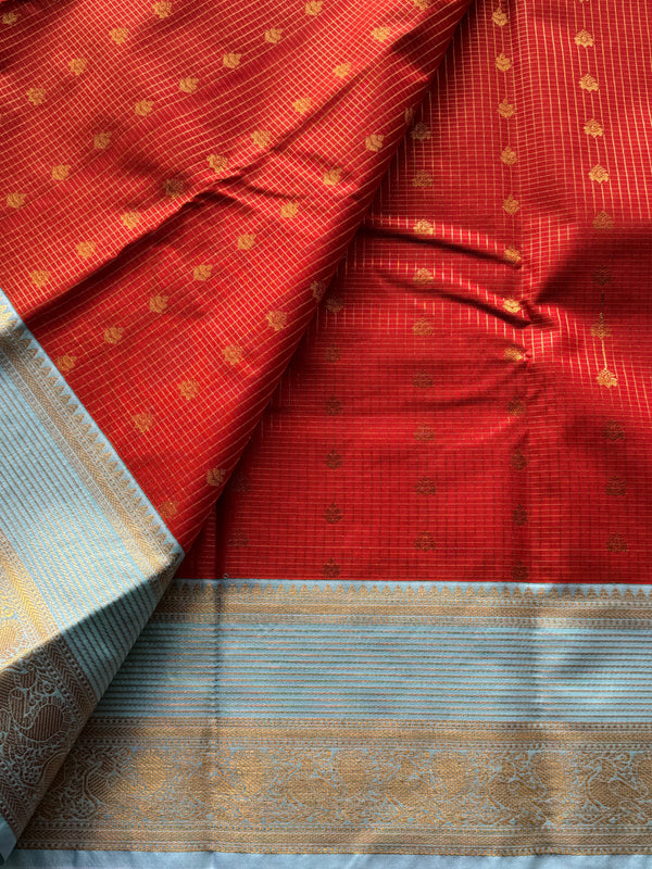 Deep Orange Semi Kanchi Silk Saree with Mint Zari Border