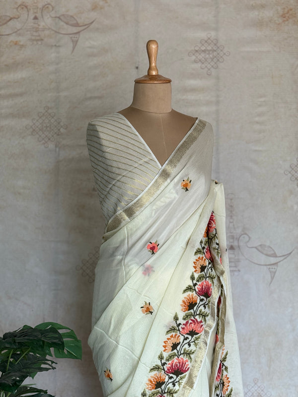 Sadhna - Pure Chiffon Cross Stitch Saree with Floral Embroidered Border & Zari Pallu