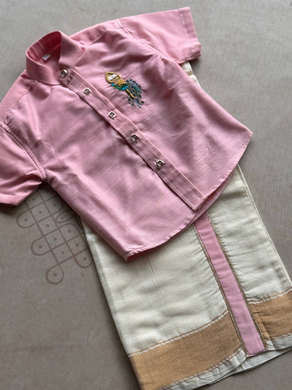 Velum Mayilum Hand-Embroidered Boys Temple Shirt & Dhoti Set — South Indian Traditional Ethnic Wear Onam Edit