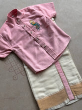 Velum Mayilum Hand-Embroidered Boys Temple Shirt & Dhoti Set — South Indian Traditional Ethnic Wear Onam Edit