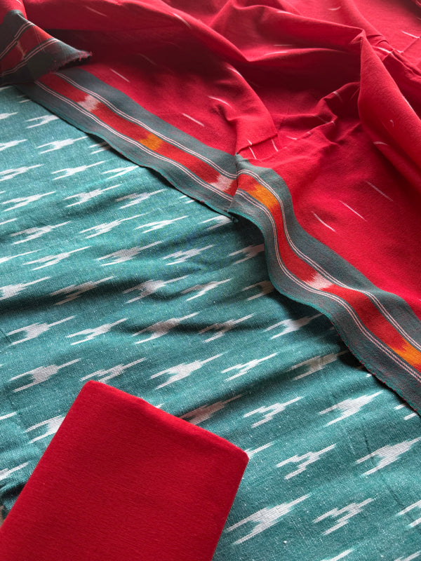 Kamazhi - Ikkat Cotton 3 Piece Suit Set – Aqua Green & Red