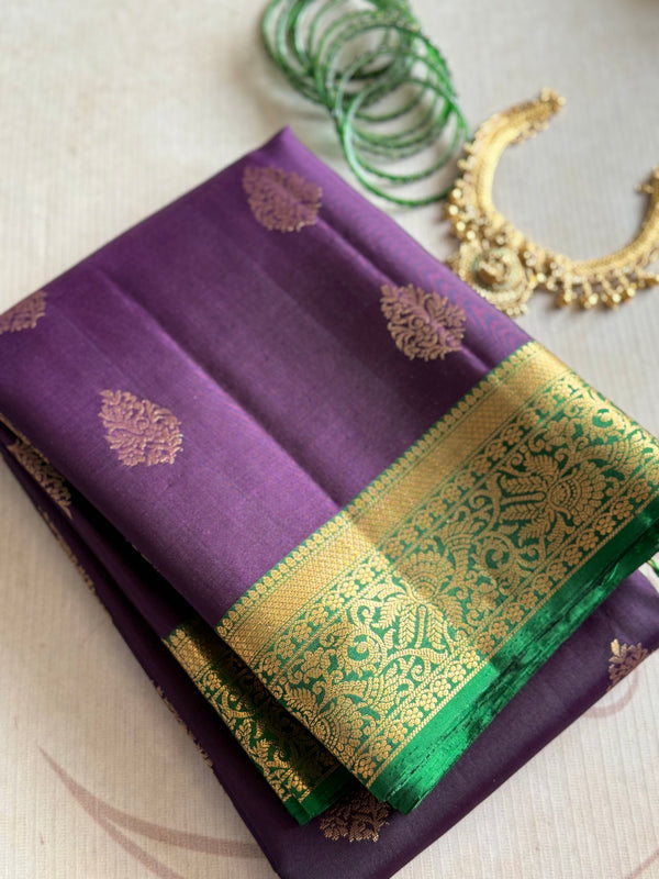 Pure Kanjivaram Soft Silk Saree with Paisley Zari Buttas & Kanchi Border – Vintage Edition