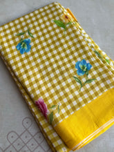 Pure Mangalgiri Silk Aqua Blue Gingham Checks Saree with Floral Digital Prints