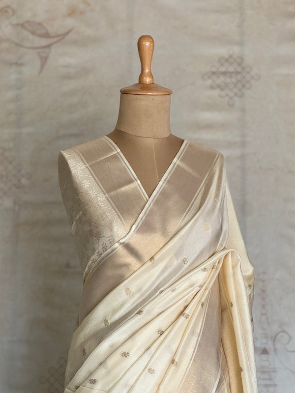 Vrishti - Mushru Satin Silk Saree with Antique Zari & Floral Meenakari Border