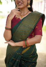 Nakshatra - Sungudi Cotton Saree Green with Kolam Embroidered Red Blouse