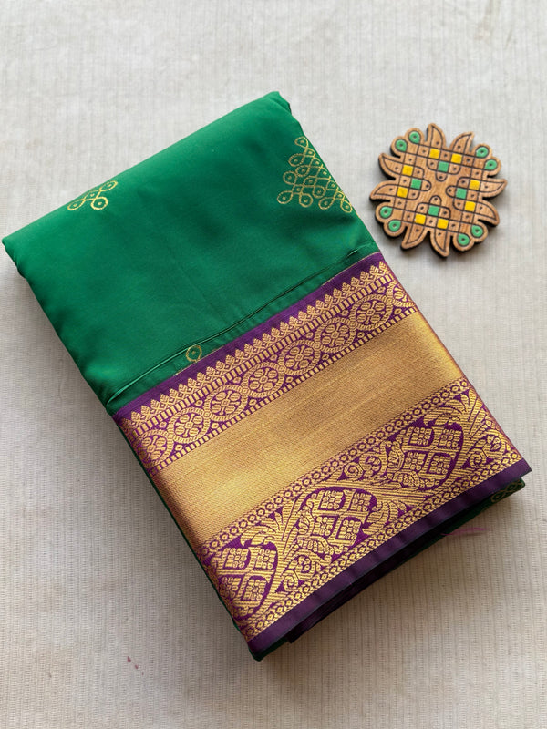 Emerald Green Semi Kanchi Silk Saree with Kolam Buttas & Contrast Magenta Pallu