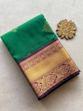 Emerald Green Semi Kanchi Silk Saree with Kolam Buttas & Contrast Magenta Pallu