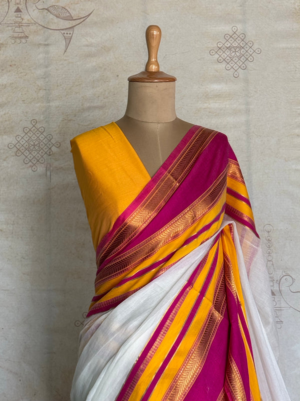 Mul Cotton Saree With Zari Accents - Onam Edit