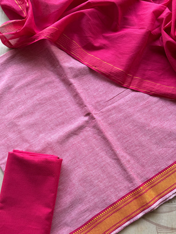 Sharika - Mangalgiri Cotton Unstitched 3 Piece Salwar Suit Set in Hot Pink & Blush Pink