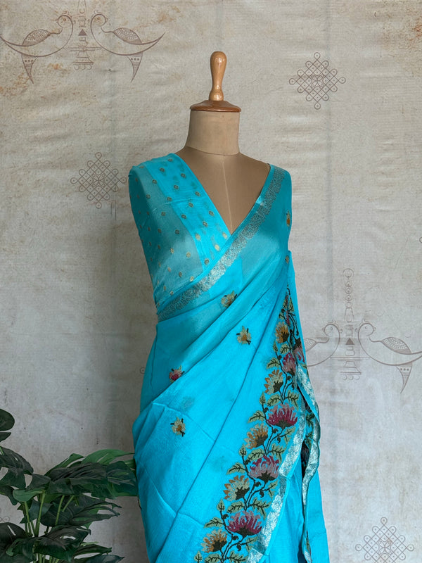 Sadhna - Pure Chiffon Cross Stitch Saree with Floral Embroidered Border & Zari Pallu