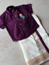 Velum Mayilum Hand-Embroidered Boys Temple Shirt & Dhoti Set — South Indian Traditional Ethnic Wear Onam Edit