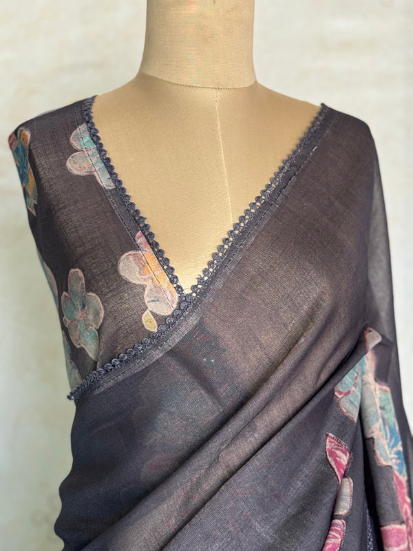 Shraddha - Linen Floral Applique Saree — Black Hakoba Lace Border