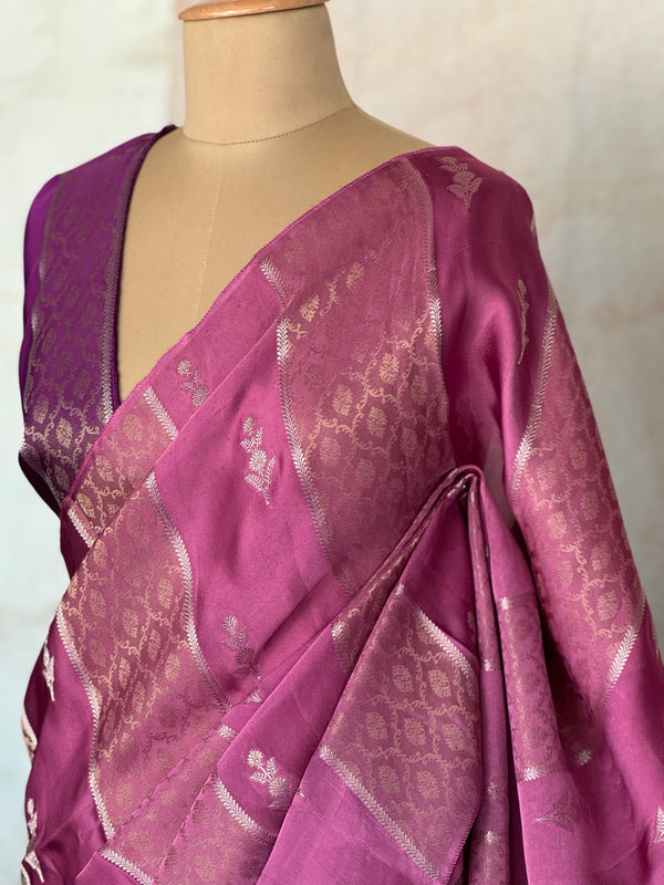 Ishara Mashru Silk Saree - Wine Magenta with Zari Jaal & Floral Buttas