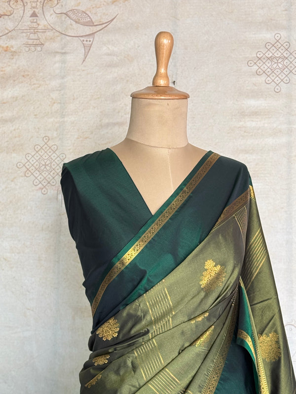 Semi Kanchi Silk Saree – Green & Gold Saree