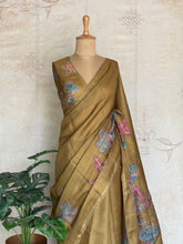 Shraddha - Linen Floral Applique Saree — Khaki Gold with Hakoba Lace Border