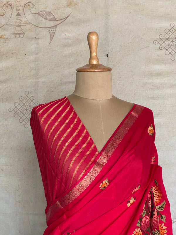 Sadhna - Pure Chiffon Cross Stitch Saree with Floral Embroidered Border & Zari Pallu