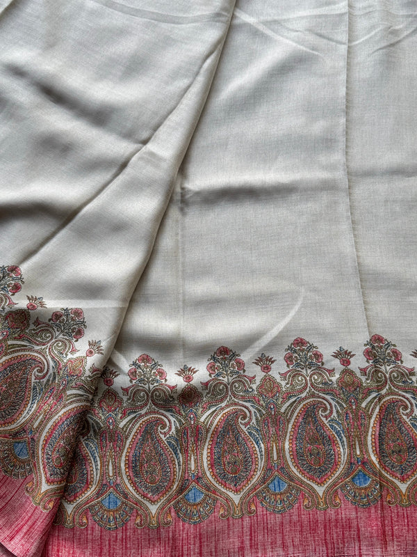 Soft Kashmir Pashmina Saree – Ivory Paisley Weave