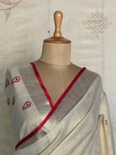 Jivika - Ivory Pure Linen Saree with Hand Embroidery & Red Selvedge