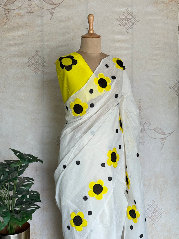 Pure Cotton Appliqué Floral Saree – White & Sunshine Yellow