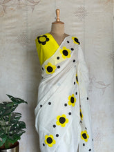 Pure Cotton Appliqué Floral Saree – White & Sunshine Yellow