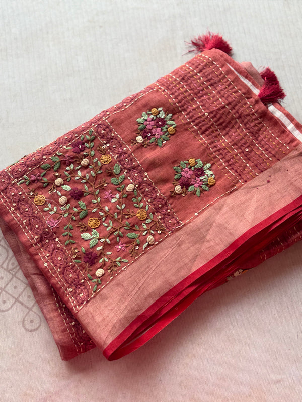 Ceya Linen Saree with Hand Floral Embroidery