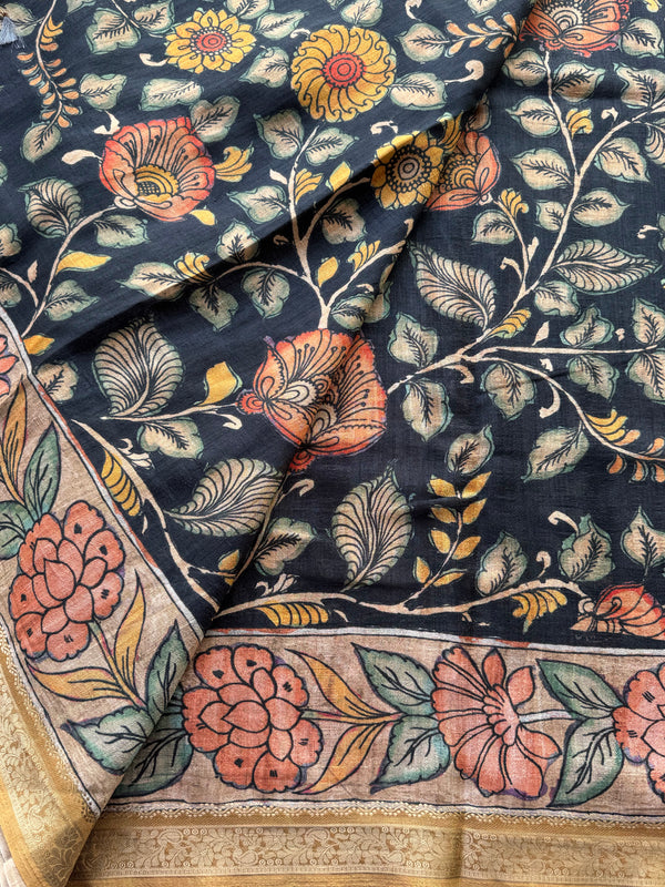 Gulmohar - Pen Kalamkari Tussar Silk Saree with Zari Border & Artistic Pallu