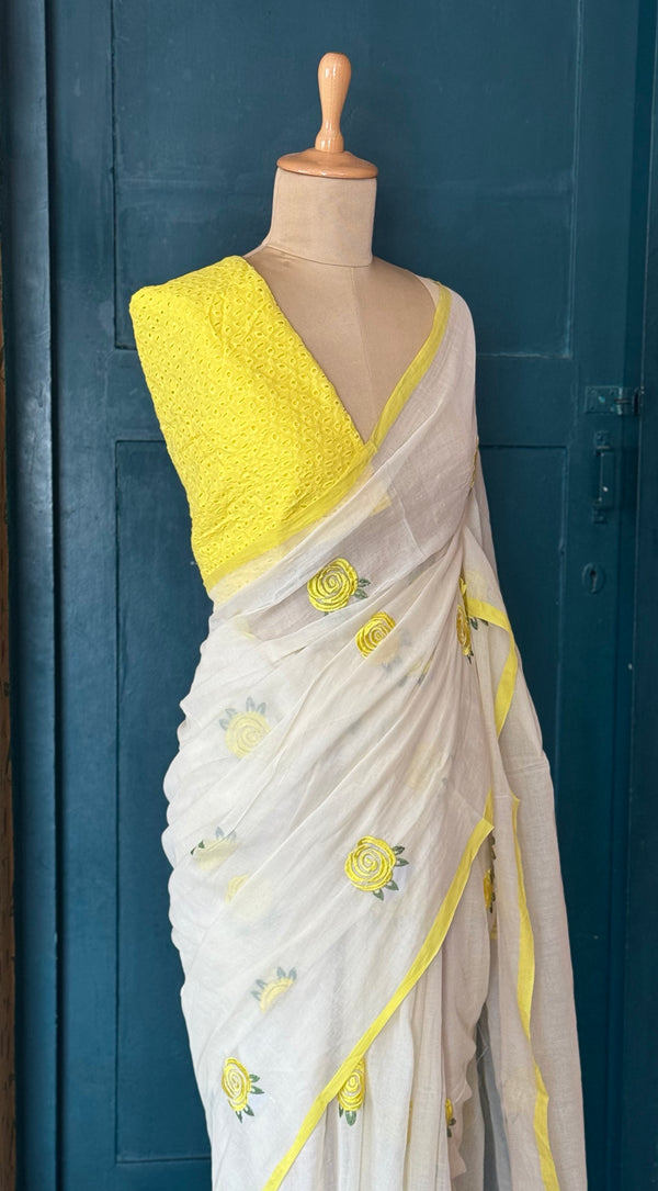 Mul Cotton Saree – Off White with Yellow Floral Embroidery & Contrast Border