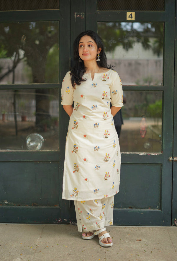 Pure Cotton Multicolour Floral Embroidered Co Ord Set - Onam Edit