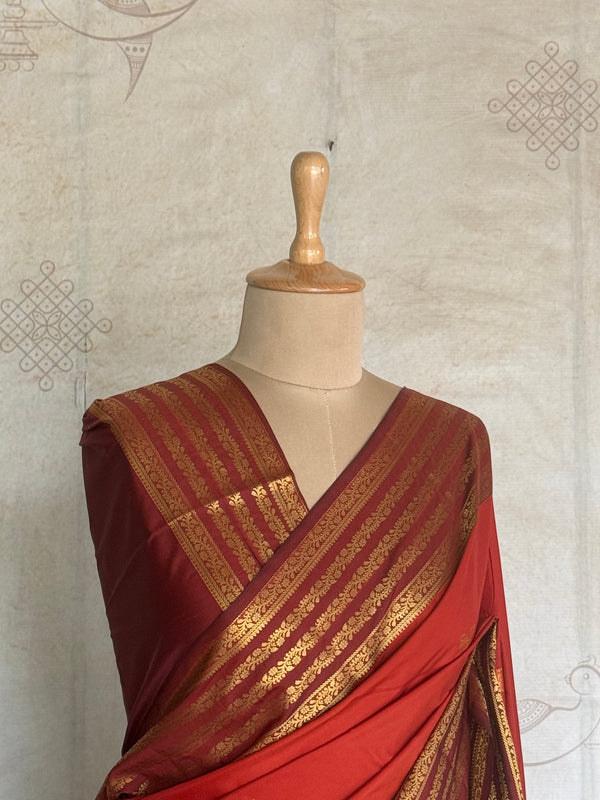 Semi Kanchi Silk Saree in Rust Orange with Gold Zari