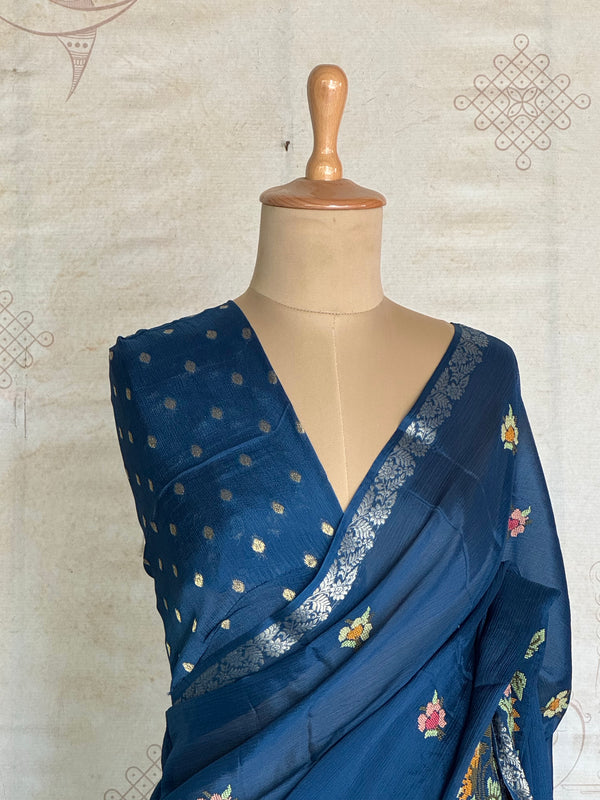 Sadhna - Pure Chiffon Cross Stitch Saree with Floral Embroidered Border & Zari Pallu