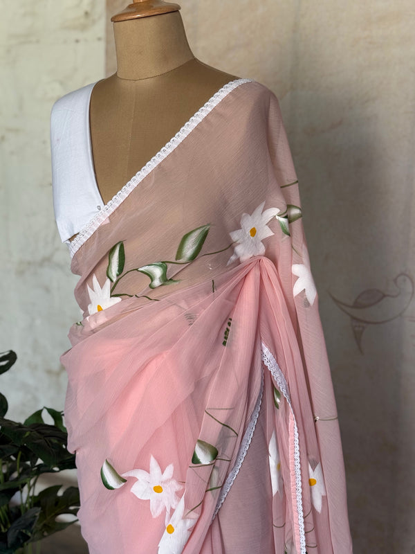 Handpainted Floral Chiffon Saree with Hakoba Lace Border