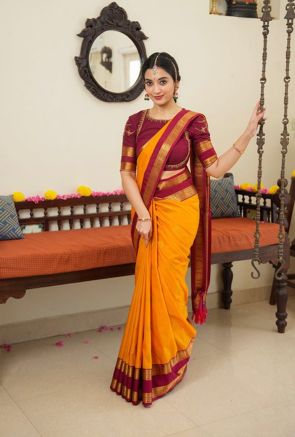 Mustard & Maroon Semi Kanchi Silk Saree