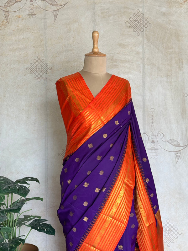 Semi Kanchi Silk Saree – Purple & Orange Zari