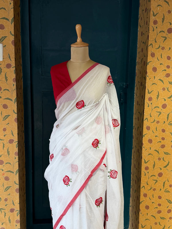 Mul Cotton Saree – White with Red Floral Embroidery & Contrast Border